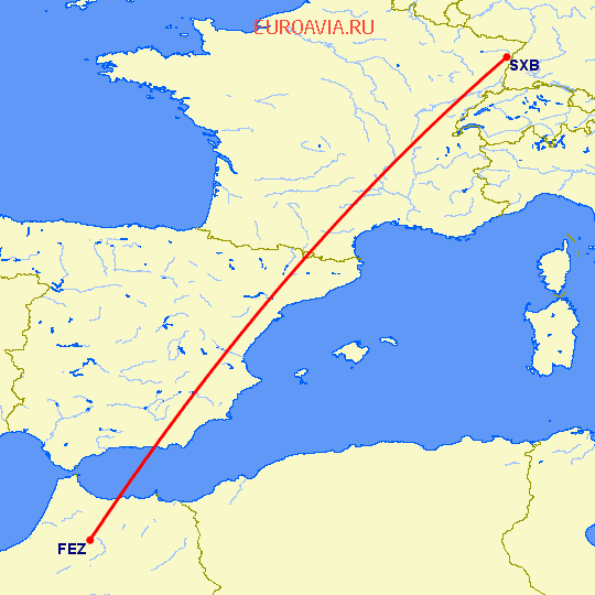 перелет Фес — Страсбург на карте