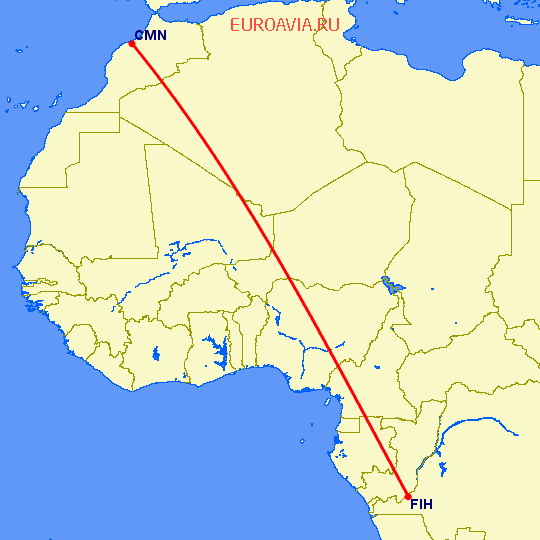 перелет Киншаса — Касабланка на карте
