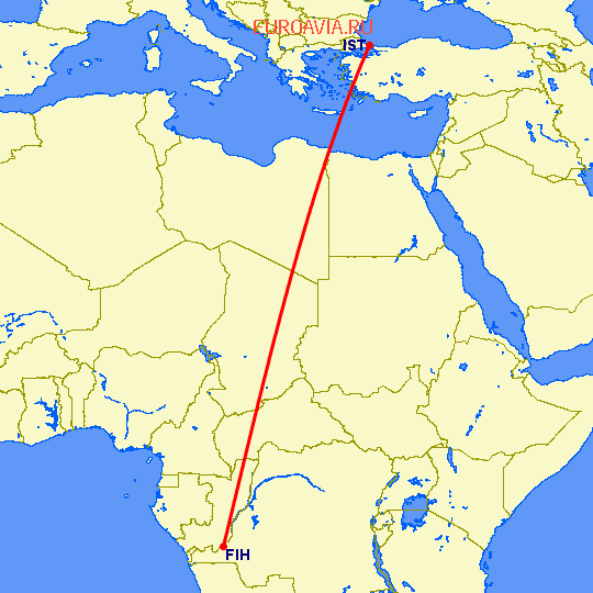 перелет Киншаса — Стамбул на карте