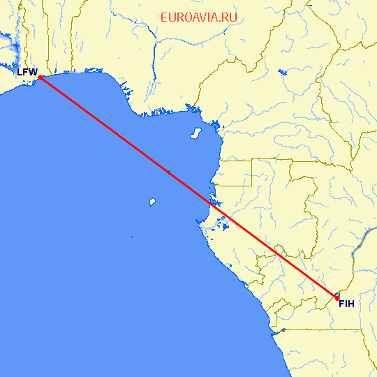 перелет Киншаса — Ломе на карте