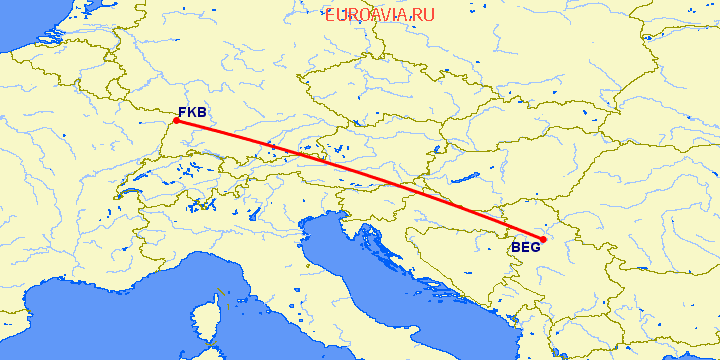 перелет Карлсруэ-Баден Баден — Белград на карте