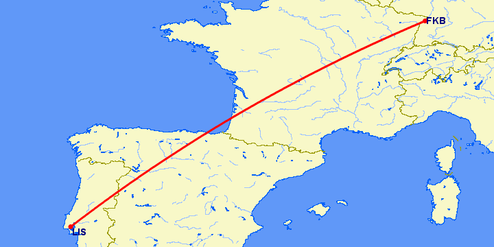 перелет Карлсруэ-Баден Баден — Лиссабон на карте