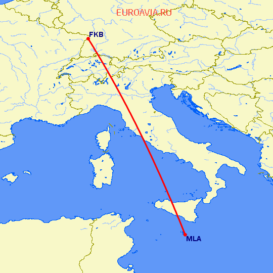 перелет Карлсруэ-Баден Баден — Мальта на карте