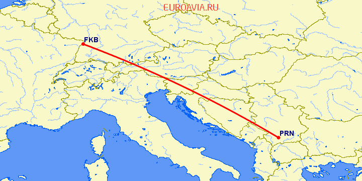 перелет Карлсруэ-Баден Баден — Приштина на карте
