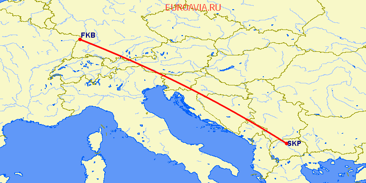 перелет Карлсруэ-Баден Баден — Скопье на карте