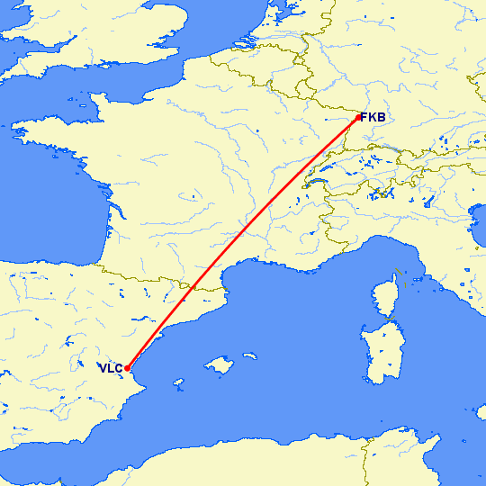 перелет Карлсруэ-Баден Баден — Валенсия на карте