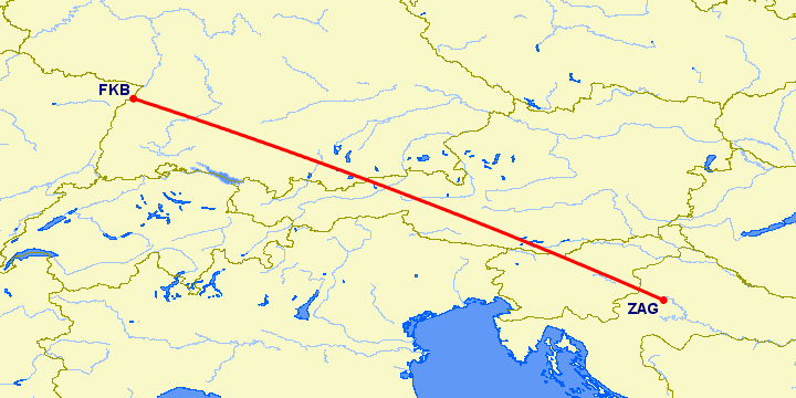 перелет Карлсруэ-Баден Баден — Загреб на карте