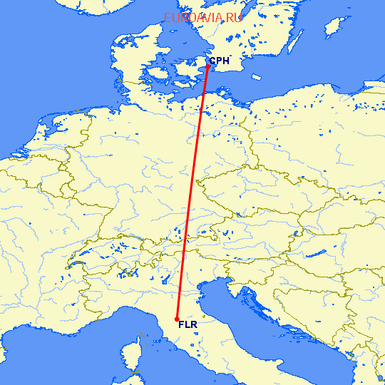 перелет Флоренция — Копенгаген на карте