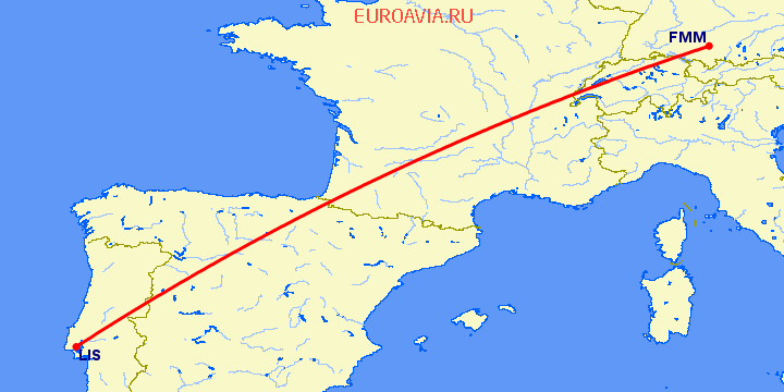 перелет Мемминген — Лиссабон на карте