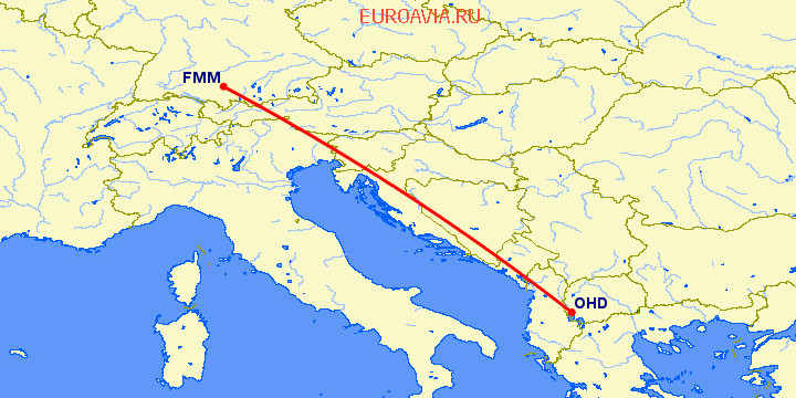 перелет Мемминген — Охрид на карте