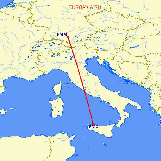 перелет Мемминген — Палермо на карте