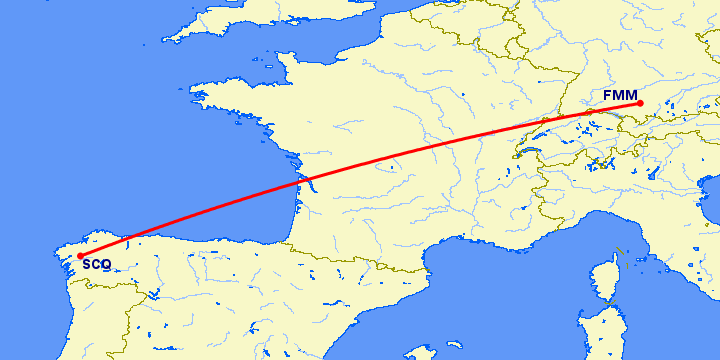 перелет Мемминген — Сантьяго де Компостела на карте