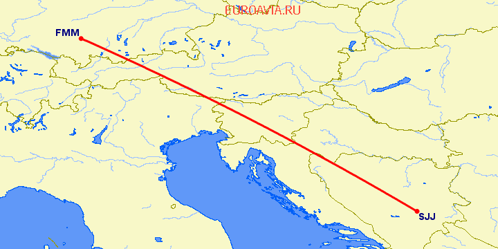 перелет Мемминген — Сараево на карте