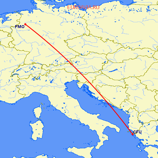 перелет Мюнстер-Оснабрюк — Керкира на карте