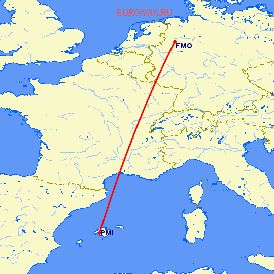 перелет Мюнстер-Оснабрюк — Пальма де Майорка на карте