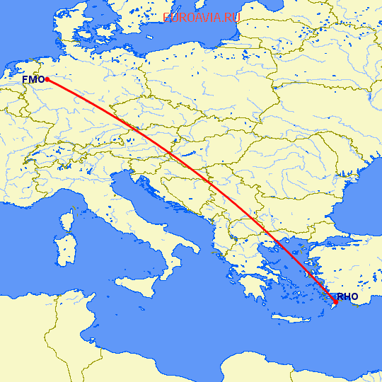 перелет Мюнстер-Оснабрюк — Родос на карте