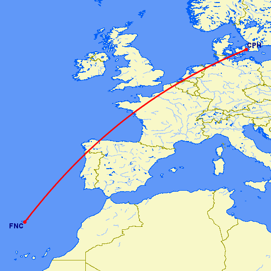 перелет Фуншал  — Копенгаген на карте
