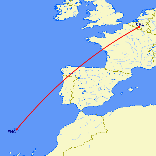перелет Фуншал  — Шарлеруа на карте