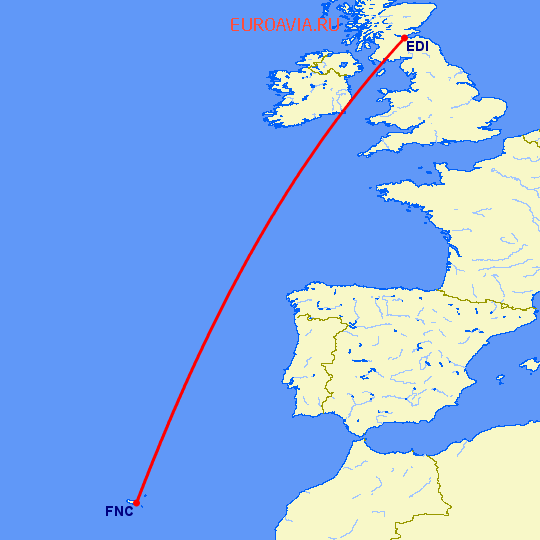 перелет Фуншал  — Эдинбург на карте