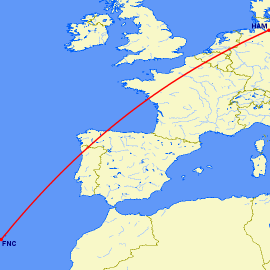 перелет Фуншал  — Гамбург на карте