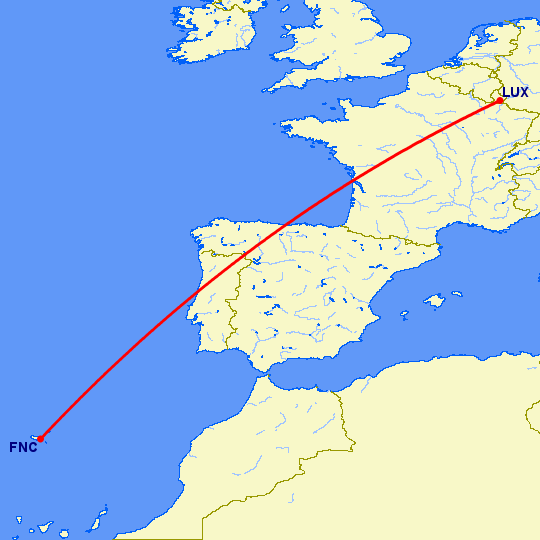 перелет Фуншал  — Люксембург на карте