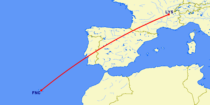 перелет Фуншал  — Лион на карте