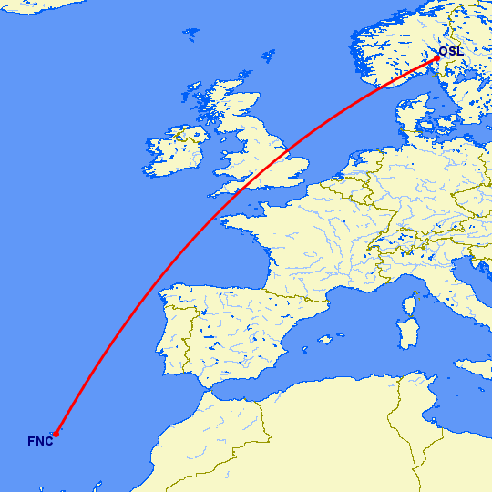 перелет Фуншал  — Осло на карте