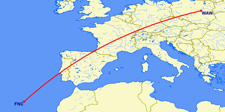 перелет Фуншал  — Варшава на карте