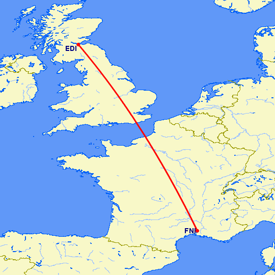 перелет Ним — Эдинбург на карте