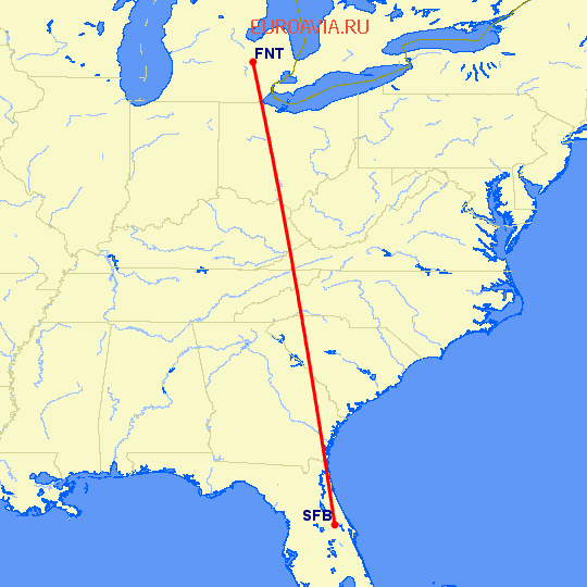 перелет Флинт — Sanford на карте