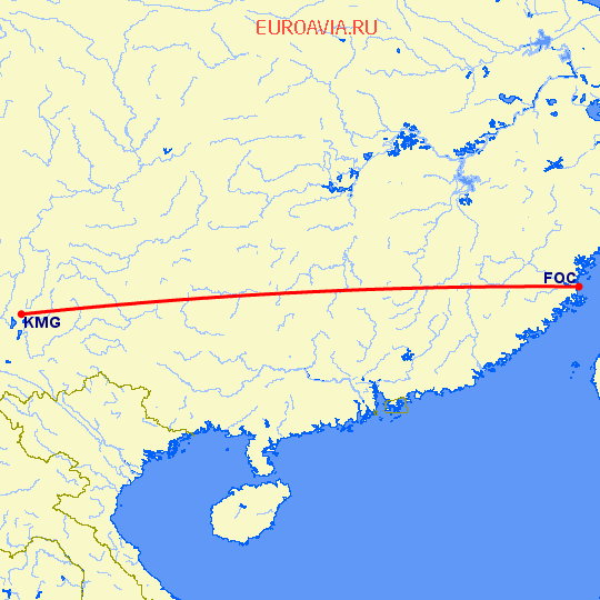перелет Фучжоу — Кунминг на карте