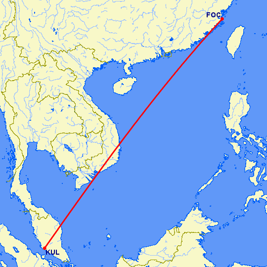 перелет Фучжоу — Куала Лумпур на карте