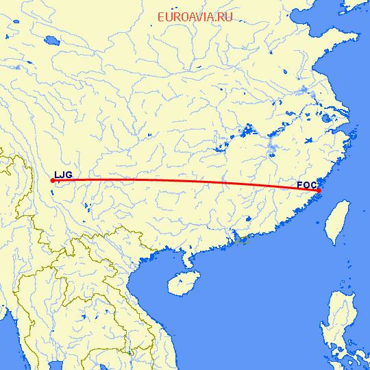 перелет Фучжоу — Лицзян на карте