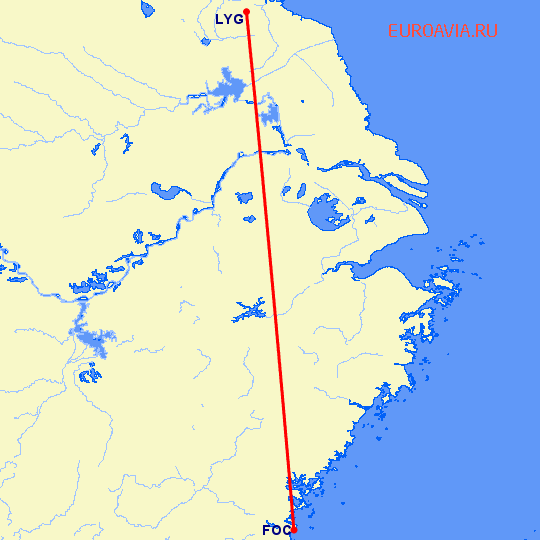 перелет Фучжоу — Лианьюнан на карте