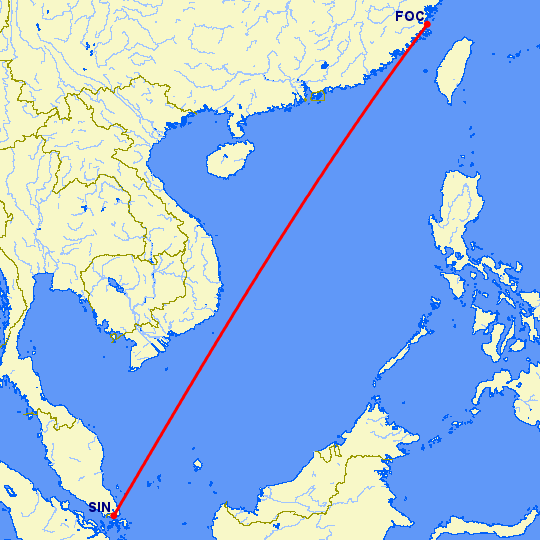 перелет Фучжоу — Сингапур на карте
