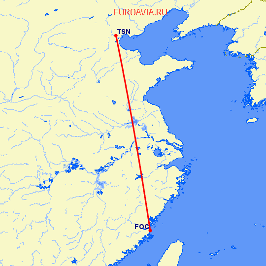 перелет Фучжоу — Тяньцзинь на карте