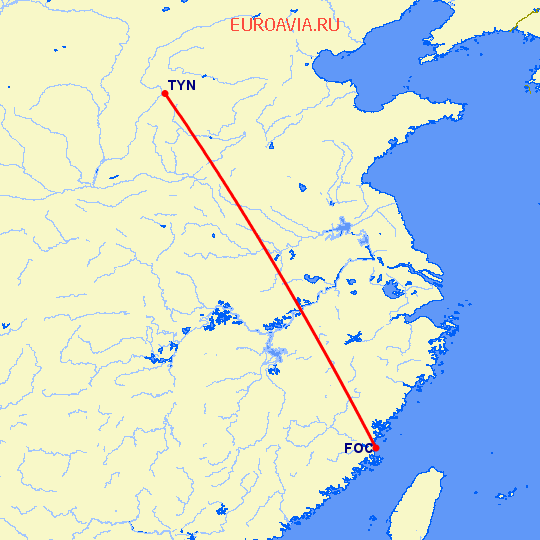 перелет Фучжоу — Тайюань на карте