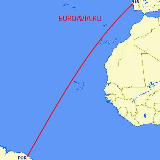 перелет Форталеса — Лиссабон на карте