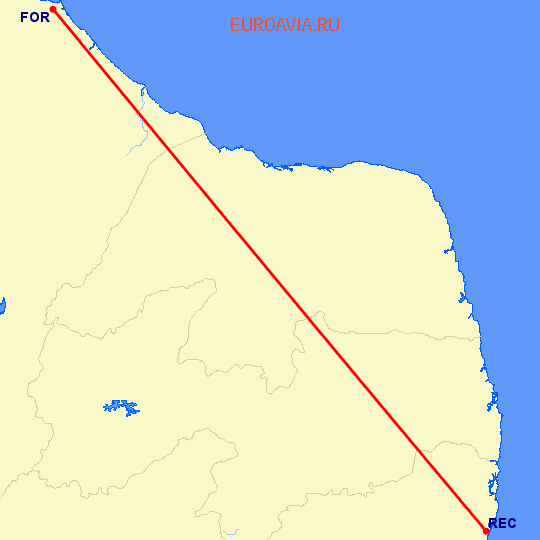 перелет Форталеса — Ресифе на карте