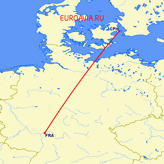 перелет Франкфурт на Майне — Копенгаген на карте