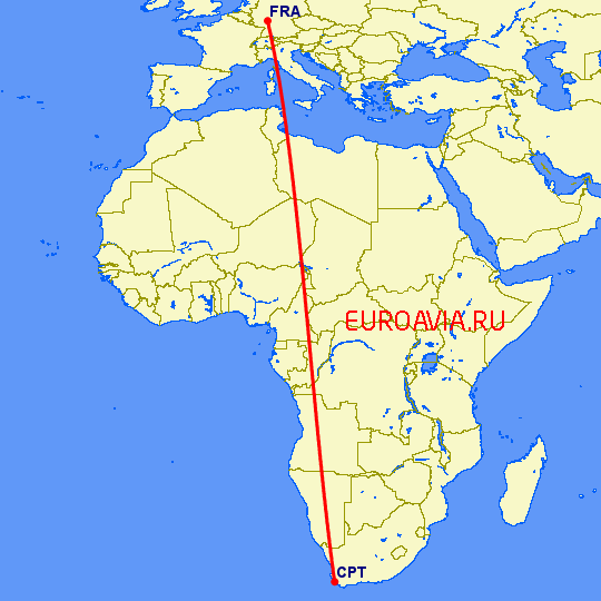 перелет Франкфурт на Майне — Кейптаун на карте