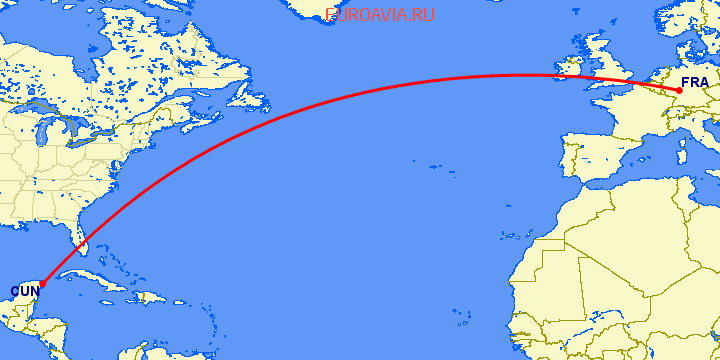 перелет Франкфурт на Майне — Канкун на карте