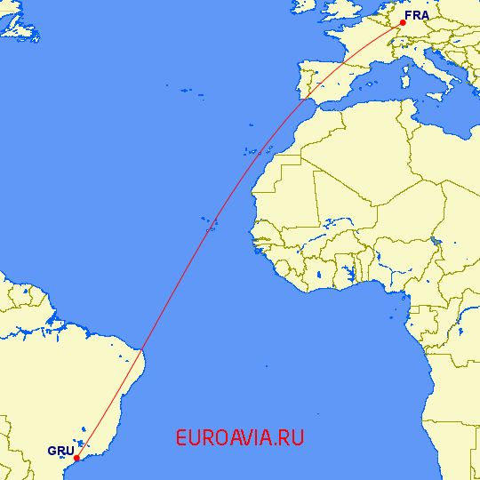 перелет Франкфурт на Майне — Сан Паулу на карте