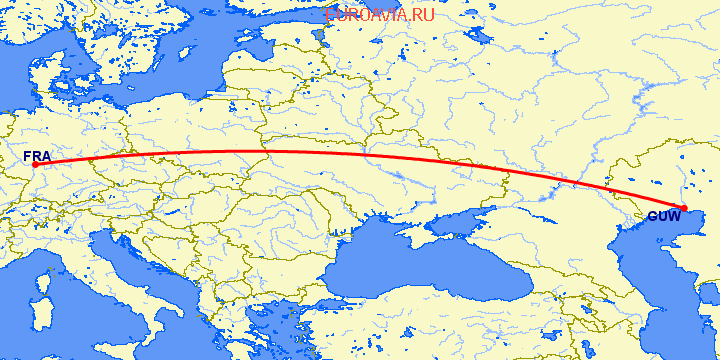 перелет Франкфурт на Майне — Атырау на карте