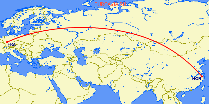 перелет Франкфурт на Майне — Ханчжоу на карте