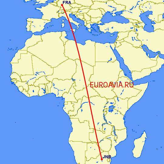 перелет Франкфурт на Майне — Йоханнесбург на карте