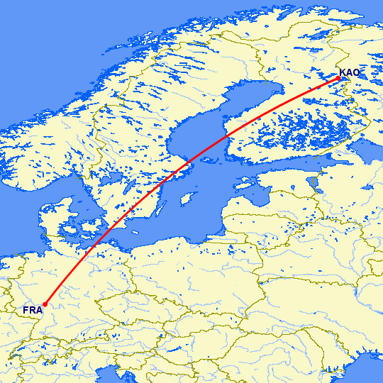 перелет Франкфурт на Майне — Кусамо на карте