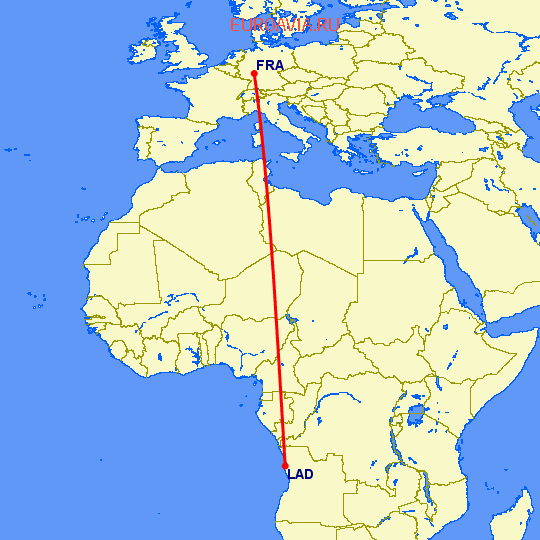 перелет Франкфурт на Майне — Луанда на карте