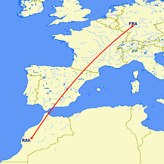 перелет Франкфурт на Майне — Марракеш на карте