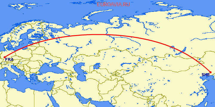 перелет Франкфурт на Майне — Шеньян на карте